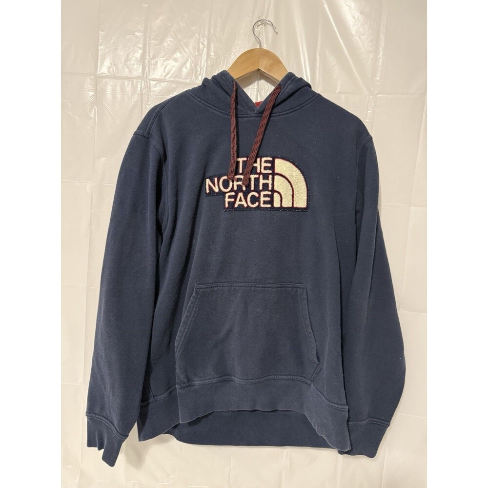 The North Face Mens Large Hoodie Navy Blue Burgundy Chenille Logo Pullover L